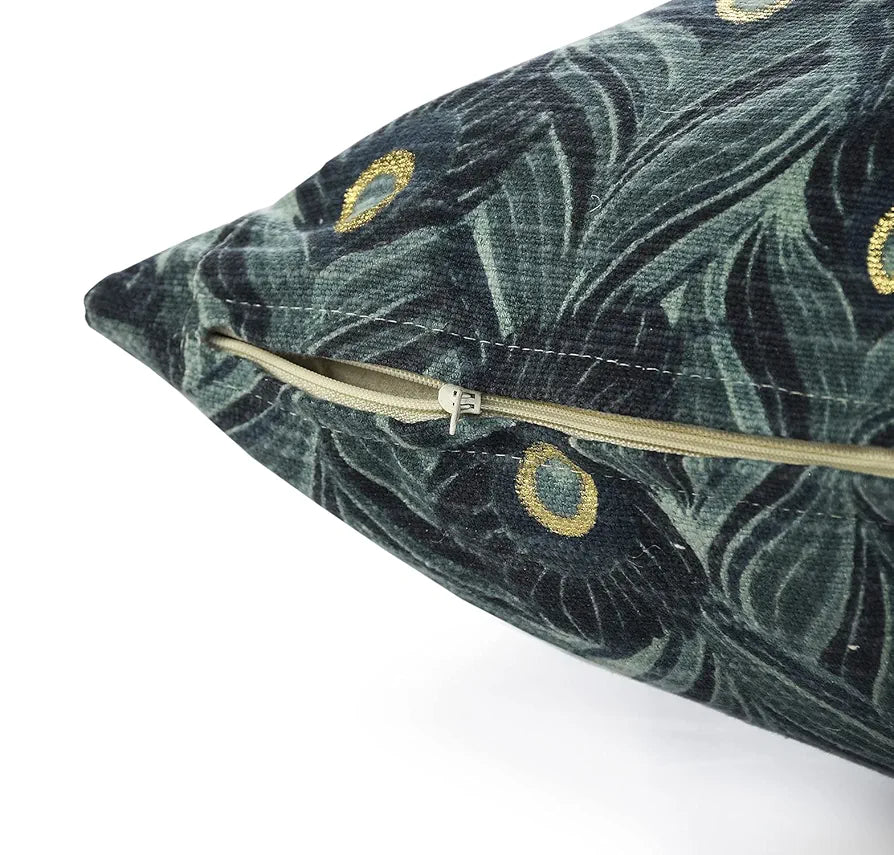 Sashaa World Peacock Foil Print 100% Cotton Cushion Throw Pillow Colour Green