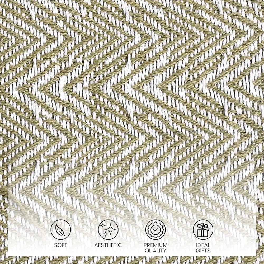 Sashaa World Soft Herringbone Throw Blanket Colour Green And Ivory