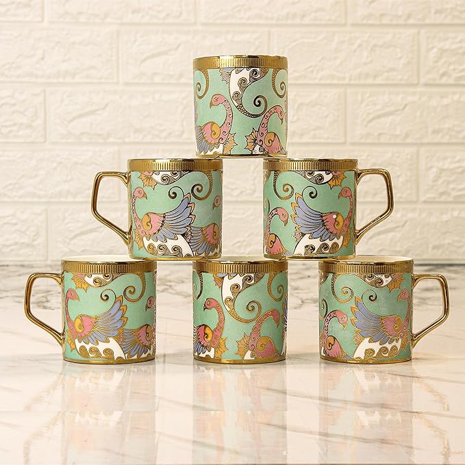 Femora Bone China Gold Tea Cup | Dancing Peahens | 180 Ml