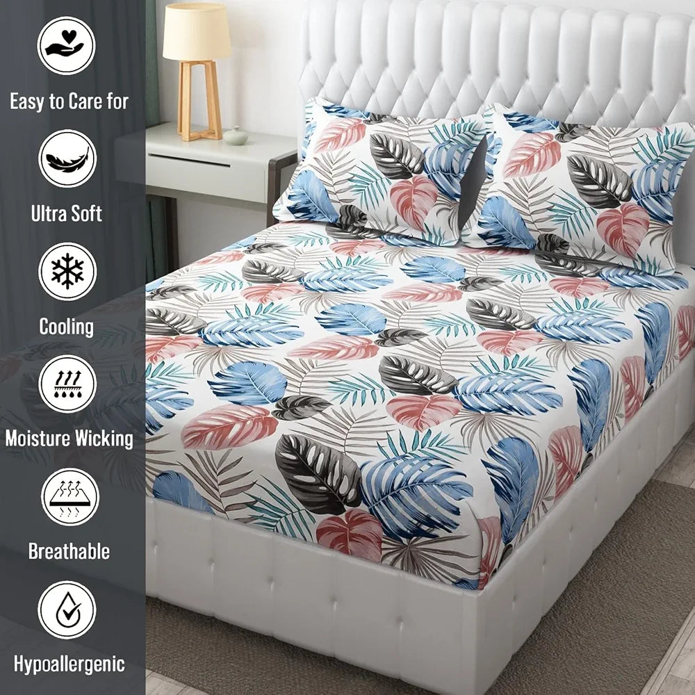 Fresh From Loom Elastic Fitted Floral Bed Sheets King Size Bed With Two Pillow Cover Fitted Bedsheet 144 Tc BBM White