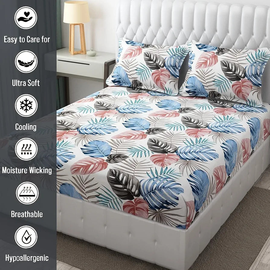 Fresh From Loom Microfiber Double Bed Bedsheet For King Size Bed Floral Design Bed Spread With 2 Pillow Covers 144 TC BBM White