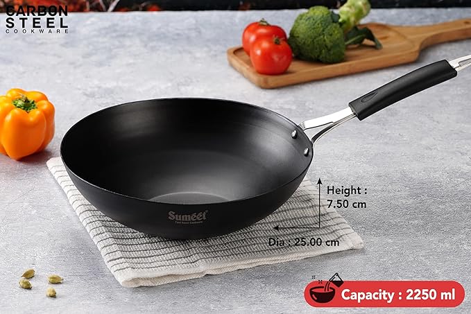 Sumeet Super Smooth Pre Seasoned Carbon Steel (Iron) Deep 25cm 2250ml Black