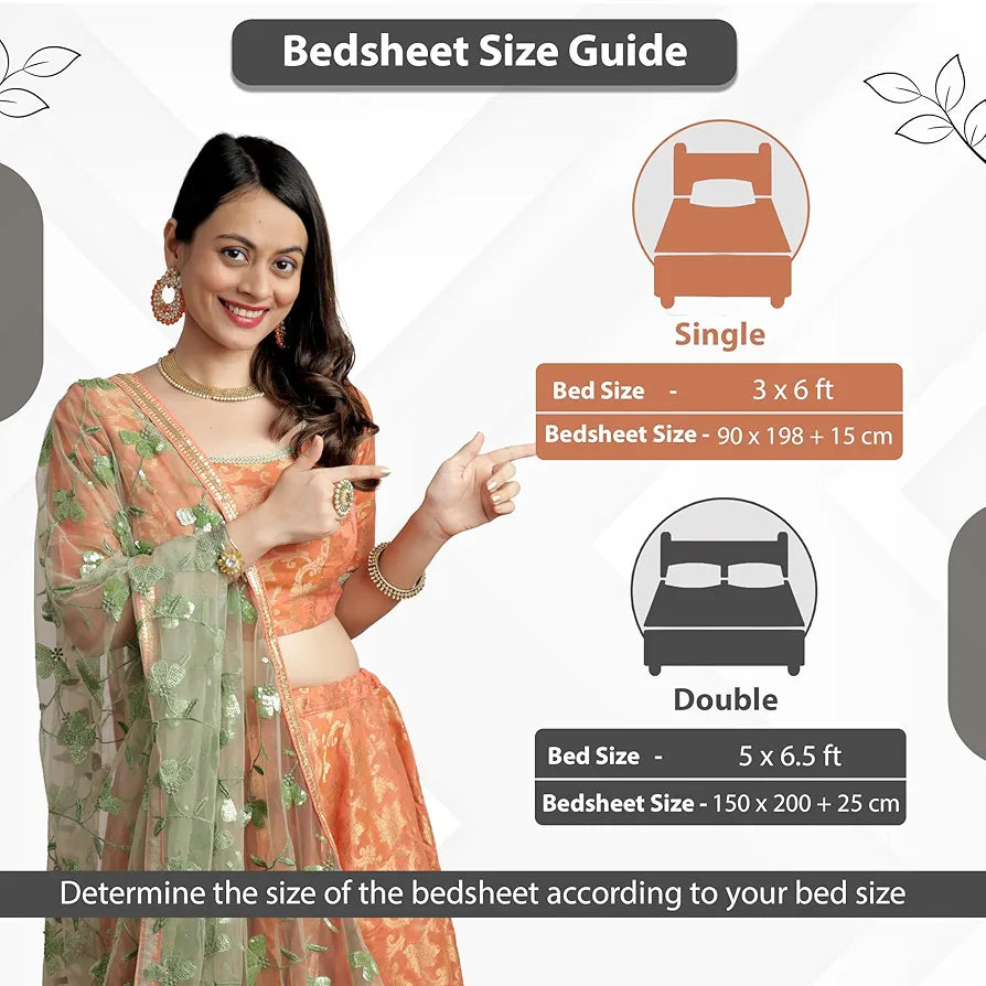 Divine Casa 144 TC 100% Cotton Floral Print Peach Super Soft Elastic Fitted Bedsheets Single Bed Colour Peach amber