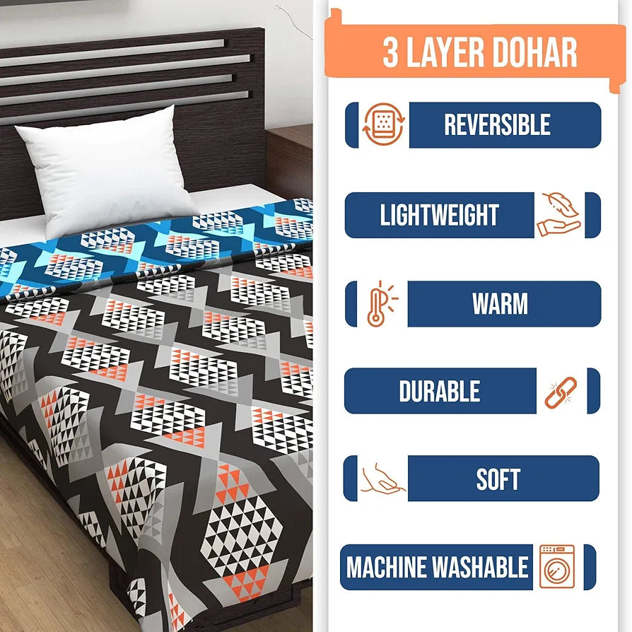 Divine Casa 120 GSM Microfiber Single Kids Dohar Soft & Lightweight Throw Blanket Geometric Pattern Colour Blue and Grey