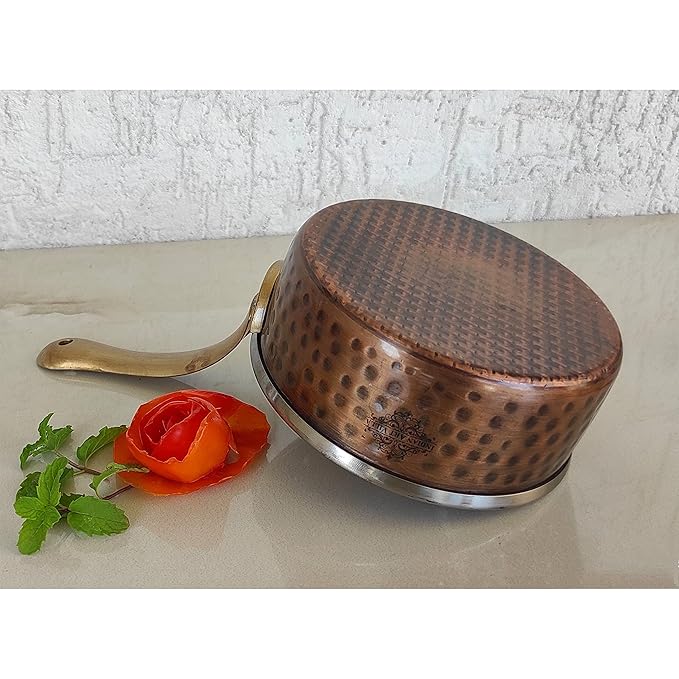 Indian Art Villa Steel Copper Antique Dark Tone Design Sauce Pan with Brass Handle | 600 ml