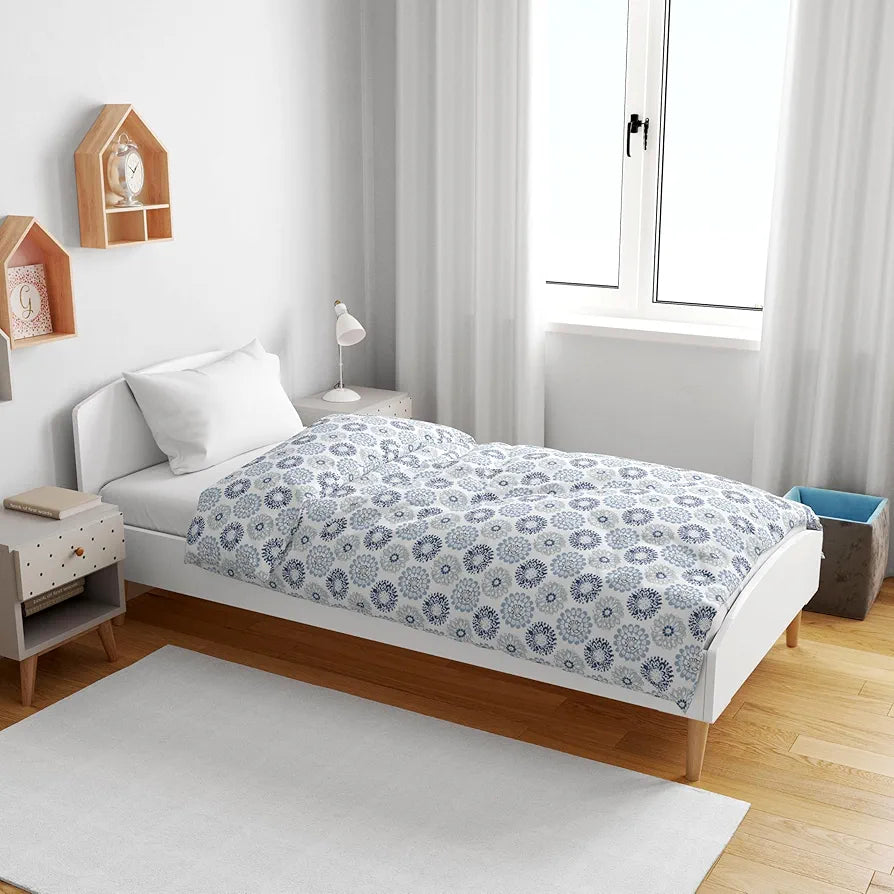 Divine Casa Floret 100% Cotton Single Kids Dohar 120 GSM Soft & Lightweight Throw Blanket Colour Blue Beige