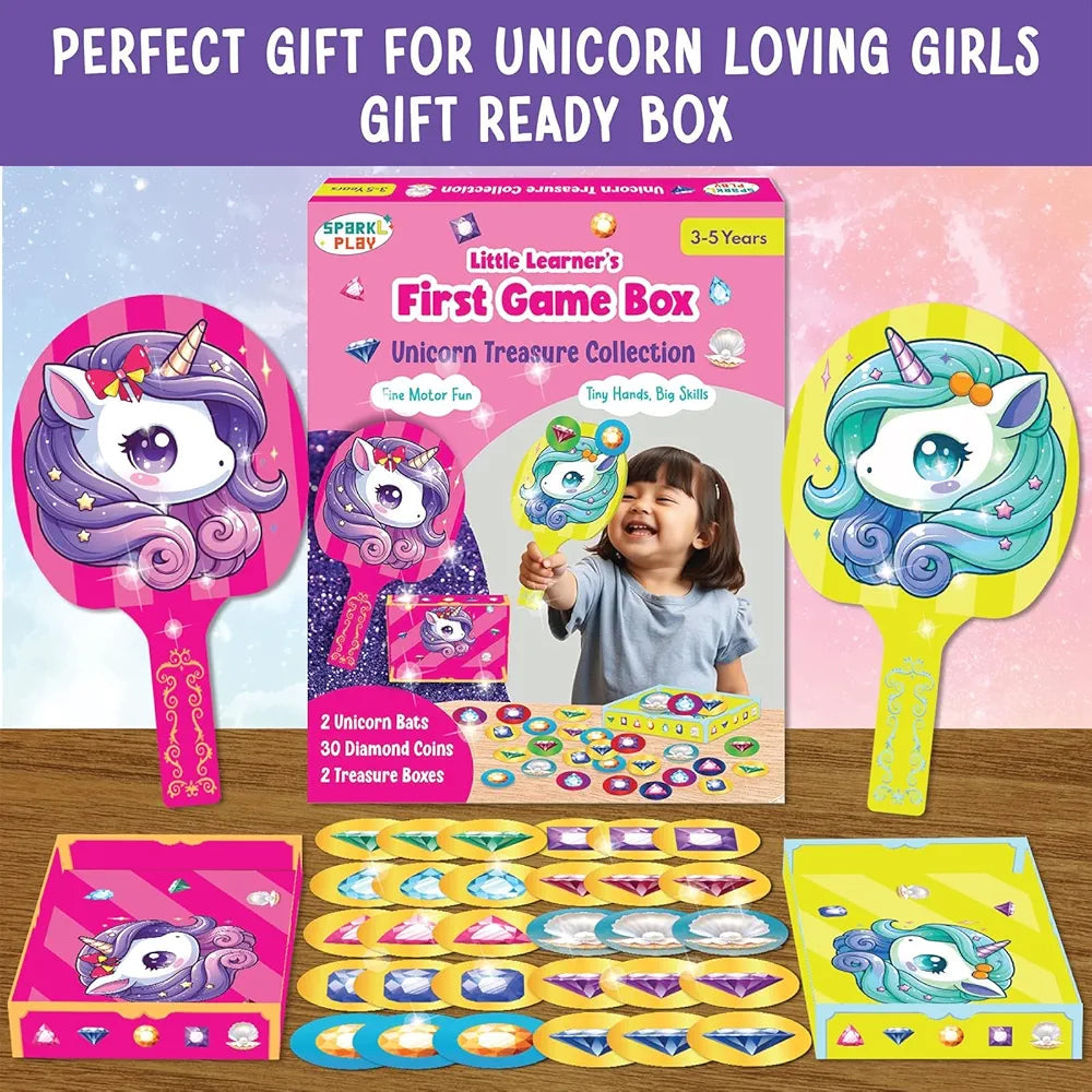 SparkLPlay Unicorn Treasure Game for Girls Ages 3–5 | Fine Motor Skill Toy with 2 Bats, 30 Diamond Coins & 2 Treasure Boxes | Educational Birthday Gift for Toddlers