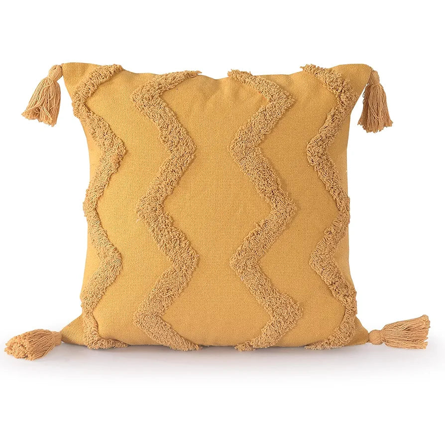 Sashaa World Honey Chevron Tufted Cushion Cover With Tassels Colour Yellow
