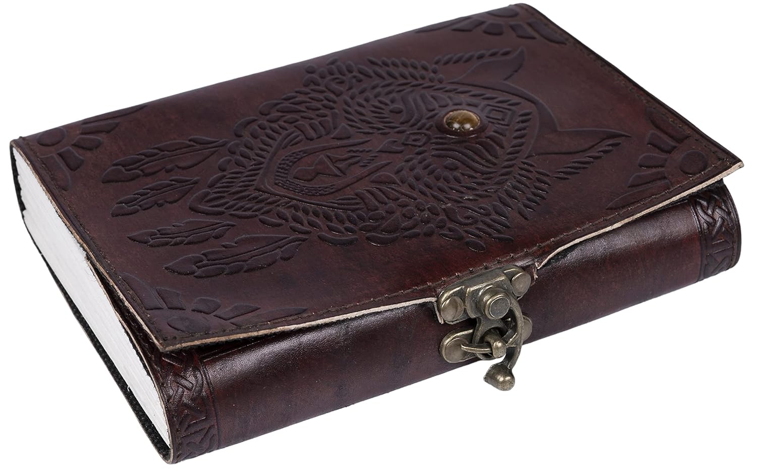 CraftShades- Handmade Leather Diary Embossed with star, journey & double wolf Diary with Antique Lock for Artist Sketchbook, Scrapbook, Drawing, Writing etc .Size 5 * 7 inch (WOLF WITH STONE)