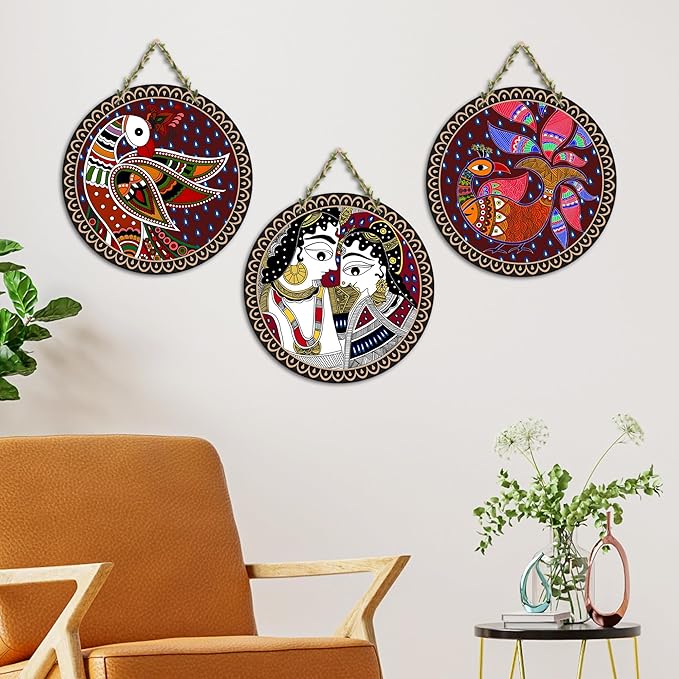 Artvibes Madhubani Art Wooden Wall Hanging Decoration Items for Home | Set of 3