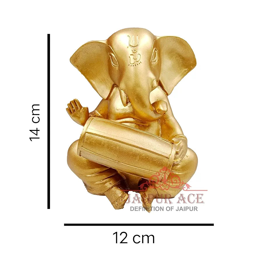Jaipur Ace Lord Ganesh Statue Playing Dholak Figurines of Ganesh Gold Color Polyresine Vinayak Idol 14cm Dhol Ganesha