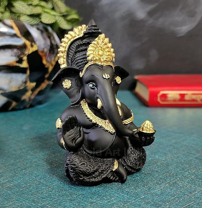 Gold Art India Terracotta Black Ganesh Idol for Car Dashboard Small Ganesha Murti Ganpati Idol