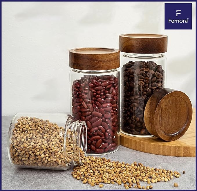 Femora Kitchen Storage Jars Borosilicate Glass With Wooden Lid Air Tight Jar | 750 Ml | Pack of 2 | Transparent