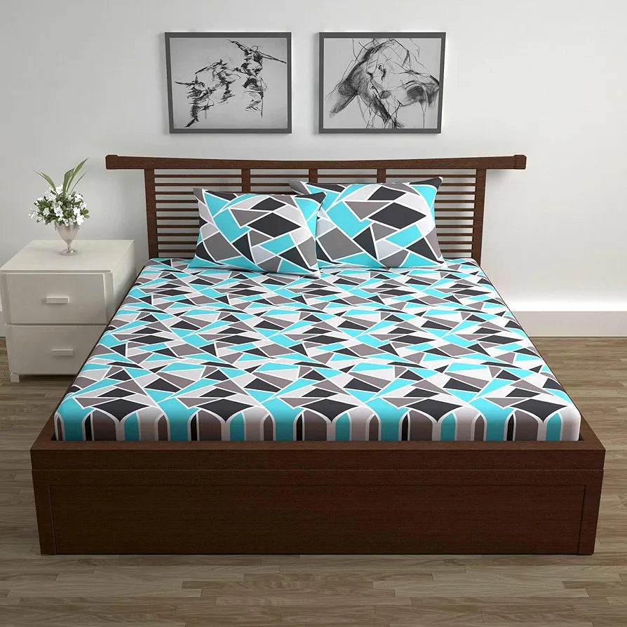 Divine Casa Double Size Bedsheet for Double Bed, 144 TC Pure Cotton Queen Size with 2 Pillow Covers Geometric Colour Aqua Grey