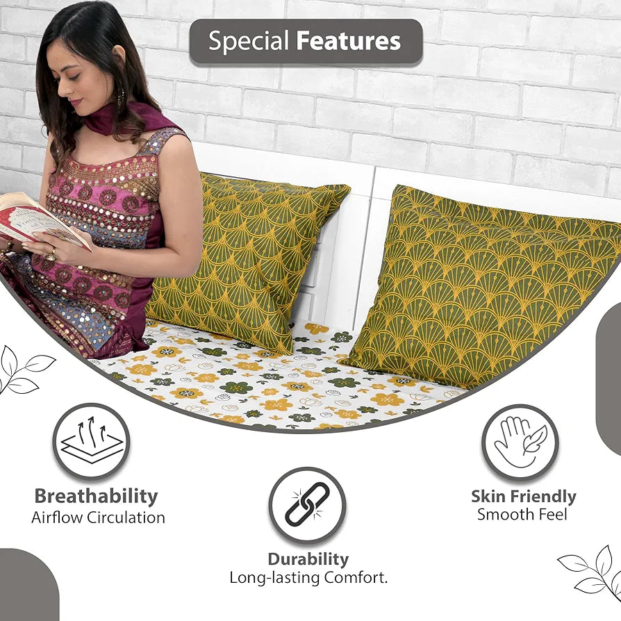 Divine Casa Double Size Bedsheet for Double Bed 144 TC Pure Cotton Queen Size with 2 Pillow Covers Floral Colour Mustard Green