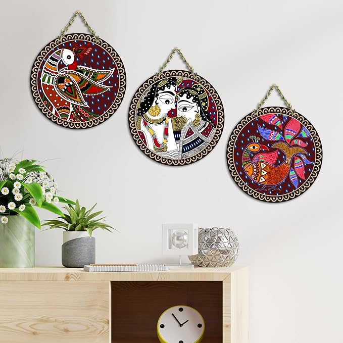 Artvibes Madhubani Art Wooden Wall Hanging Decoration Items for Home | Set of 3