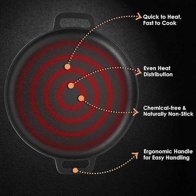 Solara Crown Stone Premium Cast Iron Tawa for Dosa 30 Cm With 2 Loops | Tawa for Dosa | Gas & Induction Friendly