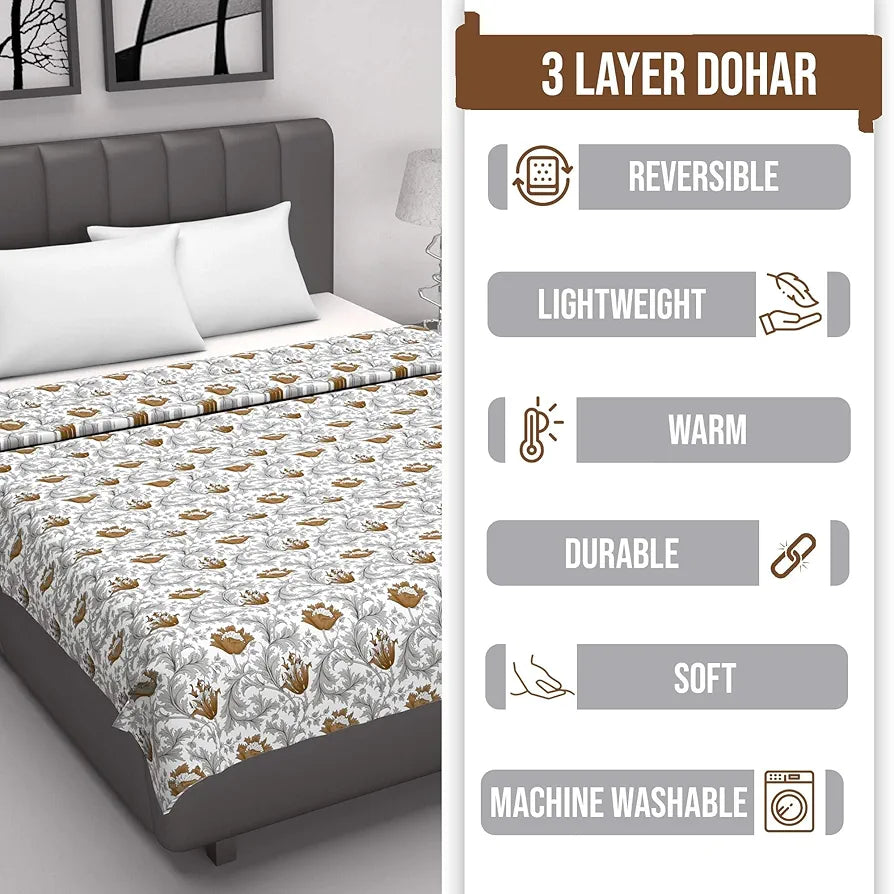 Divine Casa Floret 100% Cotton Double Dohar 120 GSM Soft & Lightweight Throw Blanket Colour Toffee Grey