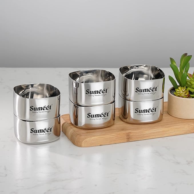 Sumeet Heavy Gauge Stainless Steel Square Bowl Set of 6pc 200 ml Each Silver