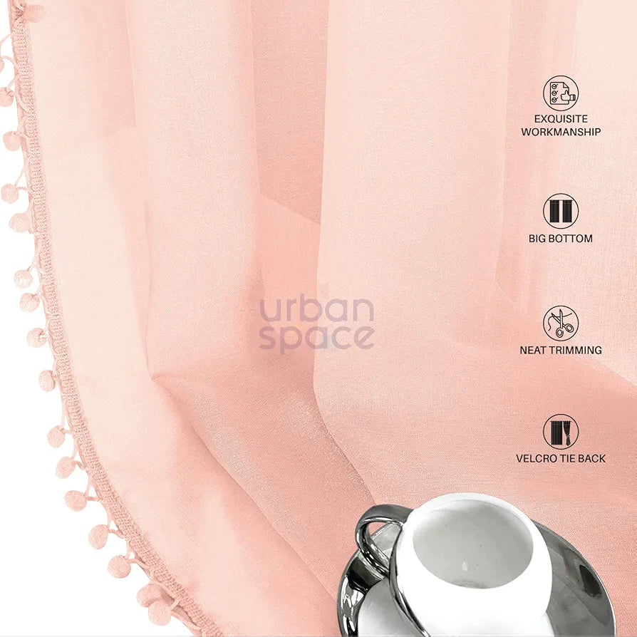 Urban Space Linen Textured Sheer Curtain for Door Living Room,Readymade Curtain with Rod Pocket, Set of 2 Decorative Curtains Blush Pink with Pom pom