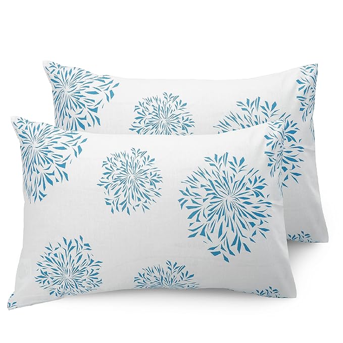 Huesland by Ahmedabad Cotton 144 TC Cotton Pillow Covers Set of 2 | White (Blue Print)
