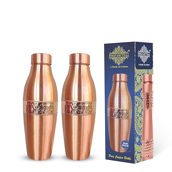 Indian Art Villa Pure Copper Leak Proof Bottle with Half Hammered Design