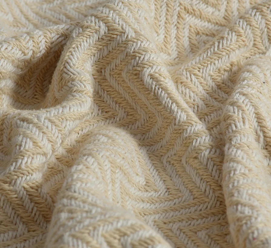 Sashaa World Chevron Cotton Sofa Throw with Tassels Colour Beige and Natural