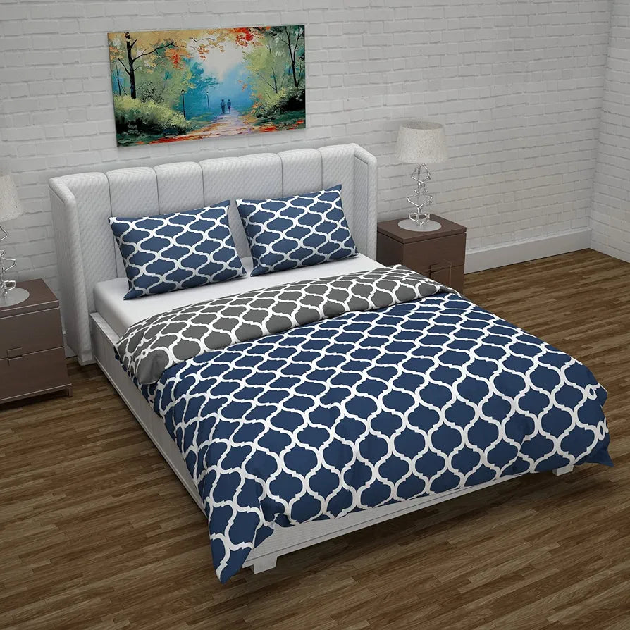 Divine Casa Micro Polyester Reversible Double Bed Queen Size Abstract Printed Duvet Cover Colour Dark Blue & Grey