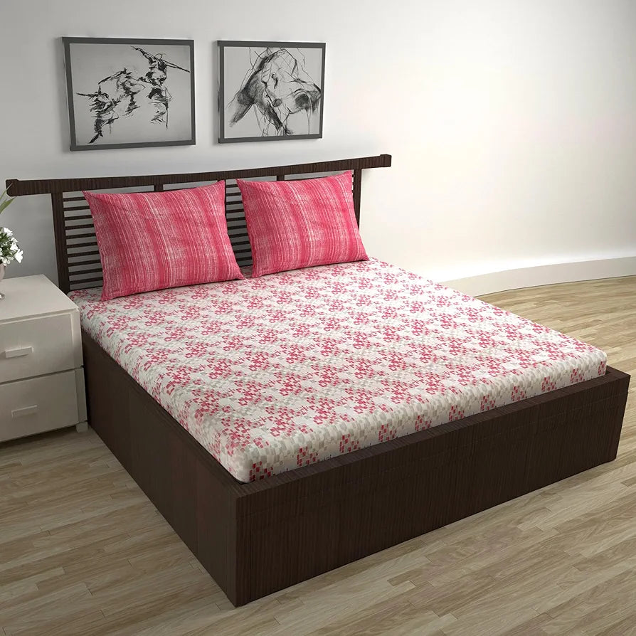 Divine Casa 144 TC 100% Pure Cotton Queen Size Double Bed Bedsheet with 2 Pillow Covers Geometric Pixel Colour Red White