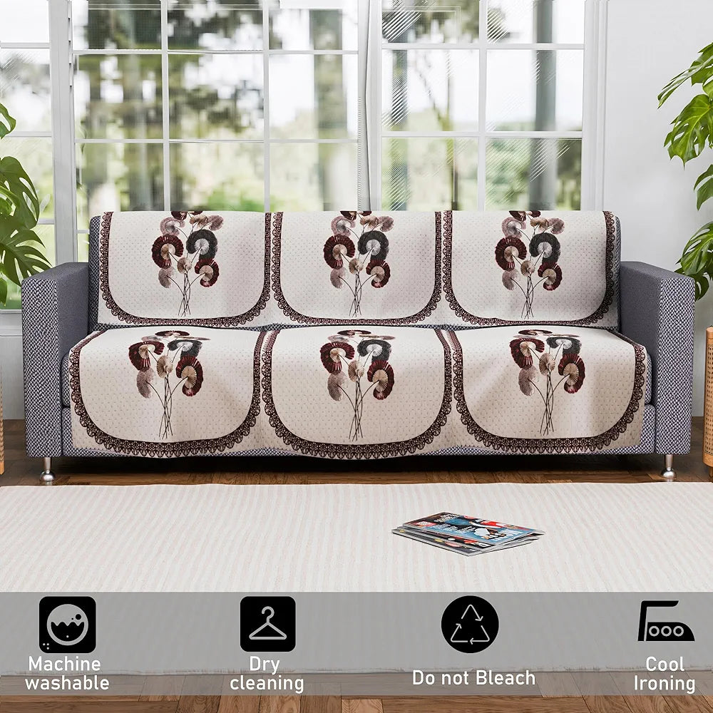 Kuber Industries Set of 6 Velvet 3 Seater Sofa Covers for Living Room Digital Flower-Cream & Brown