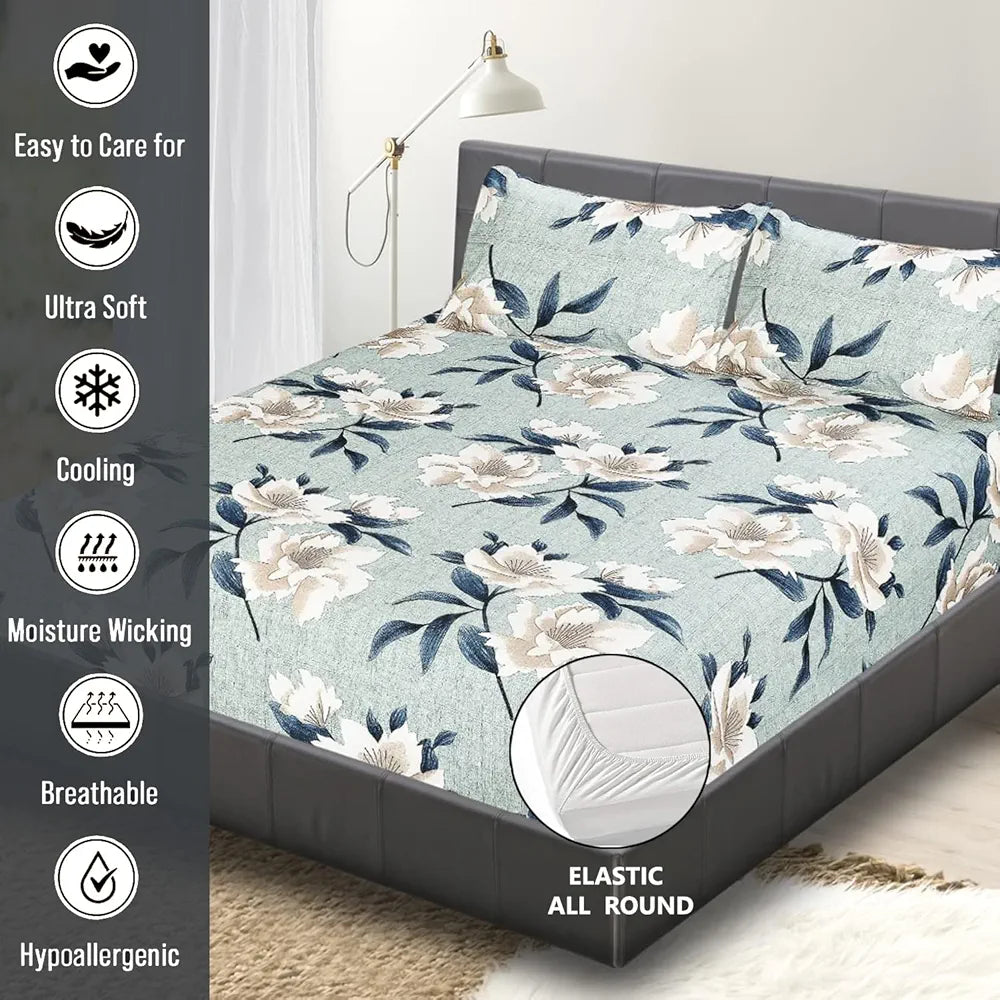 Fresh From Loom Elastic Fitted Floral Bed Sheets Cotton Fitted Bedsheet King Size Bed With Two Pillow Cover 144 TC