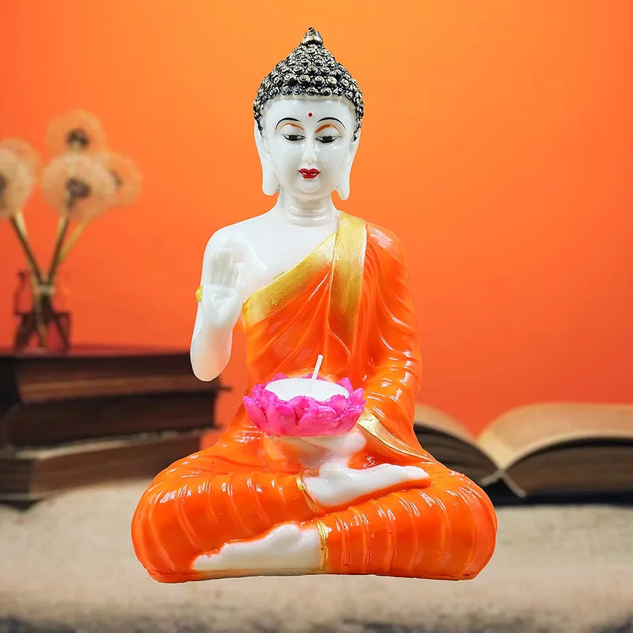 Jaipur Ace Orange Buddha Sitting With Tea Light in Hand Polyresin Idol