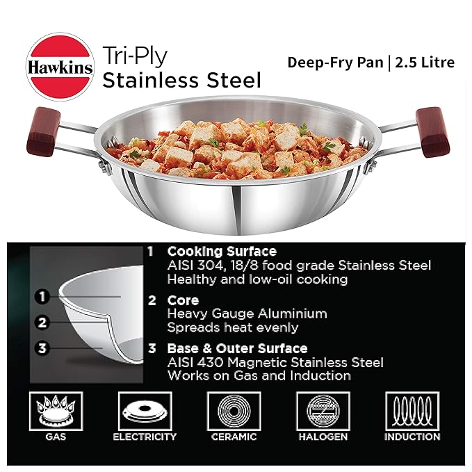 Hawkins 2.5 Litre Deep Fry Pan Triply Stainless Steel Kadai