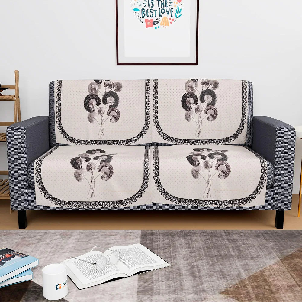 Kuber Industries Set of 4 Velvet 2 Seater Sofa Covers for Living Room Digital Flower-Cream & Green