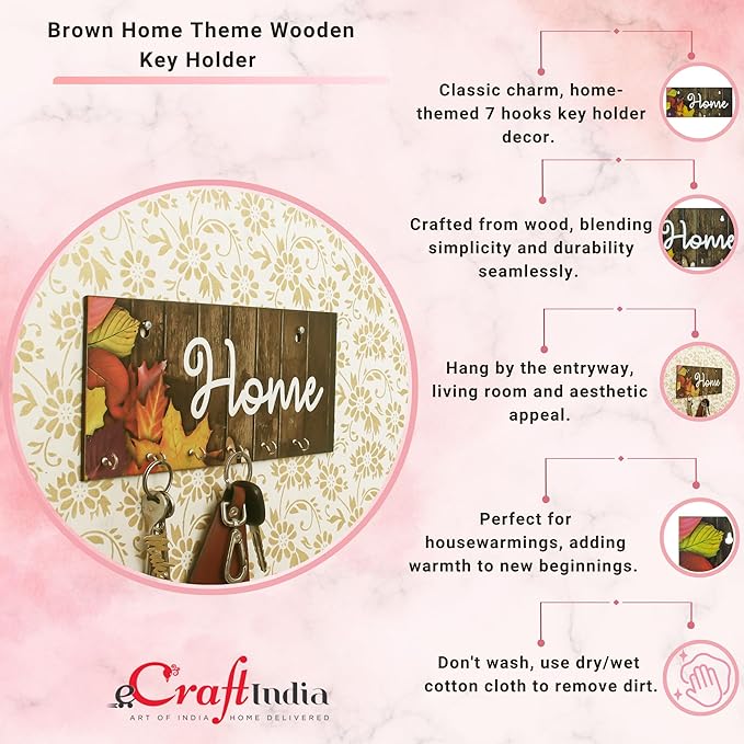 Ecraftindia Brown Home Theme Wooden Key Holder for Wall With 7 Key Hooks