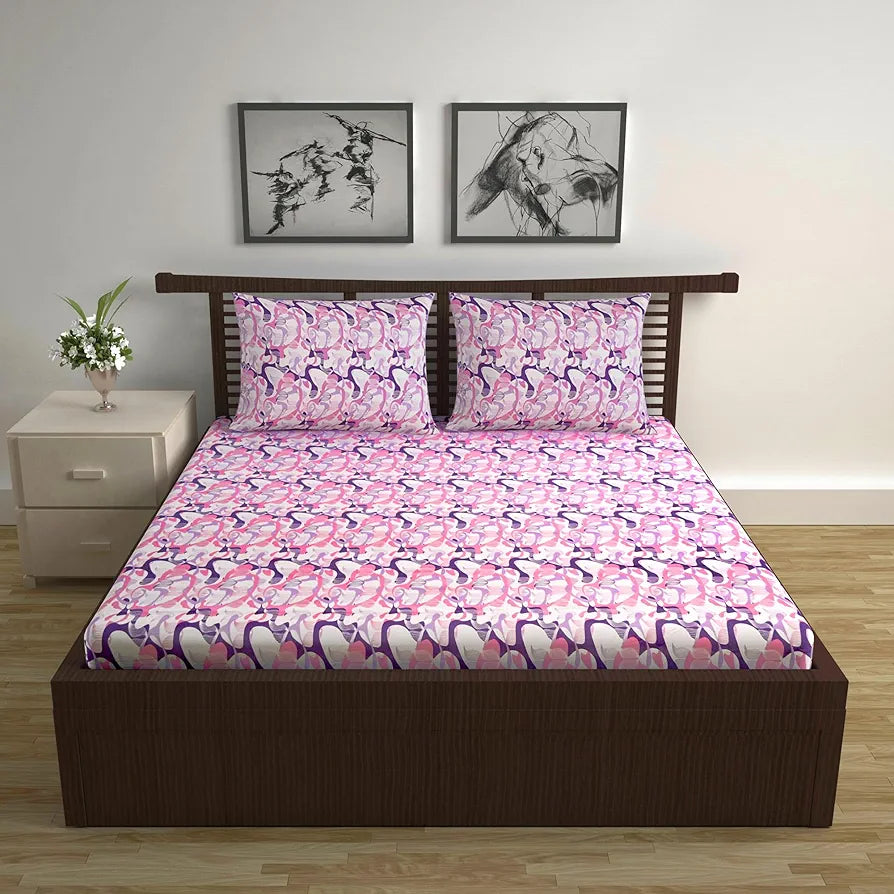 Divine Casa 144 TC Pure Cotton Double Bed Bedsheet with 2 Pillow Covers Orchid Bloom Colour Purple Pink
