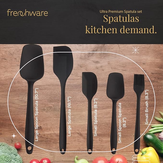 Frenchware Set of 5 Spatulas, Black | Non-stick Premium Silicone Spatula for Cooking, Baking & Mixing, Seamless Design