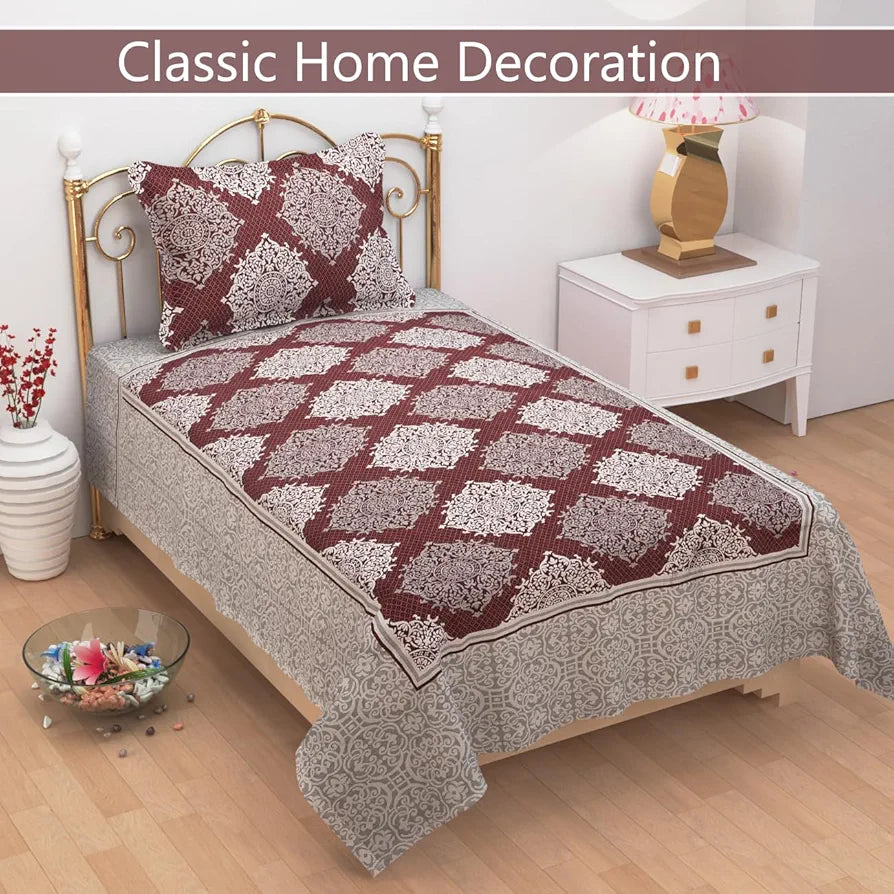 Fresh From Loom Reversible Cotton Floral Single Bed Bedsheet 300 Tc Heavy Bed Sheets With 1 Pillow Cover Maroon