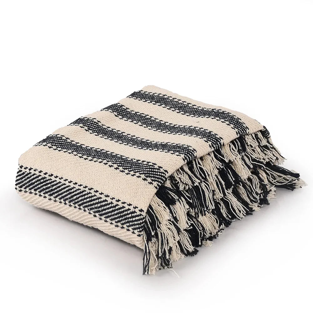 Sashaa World Striped Sofa Throw Medium with Tasselled Edges Colour Navy Striped