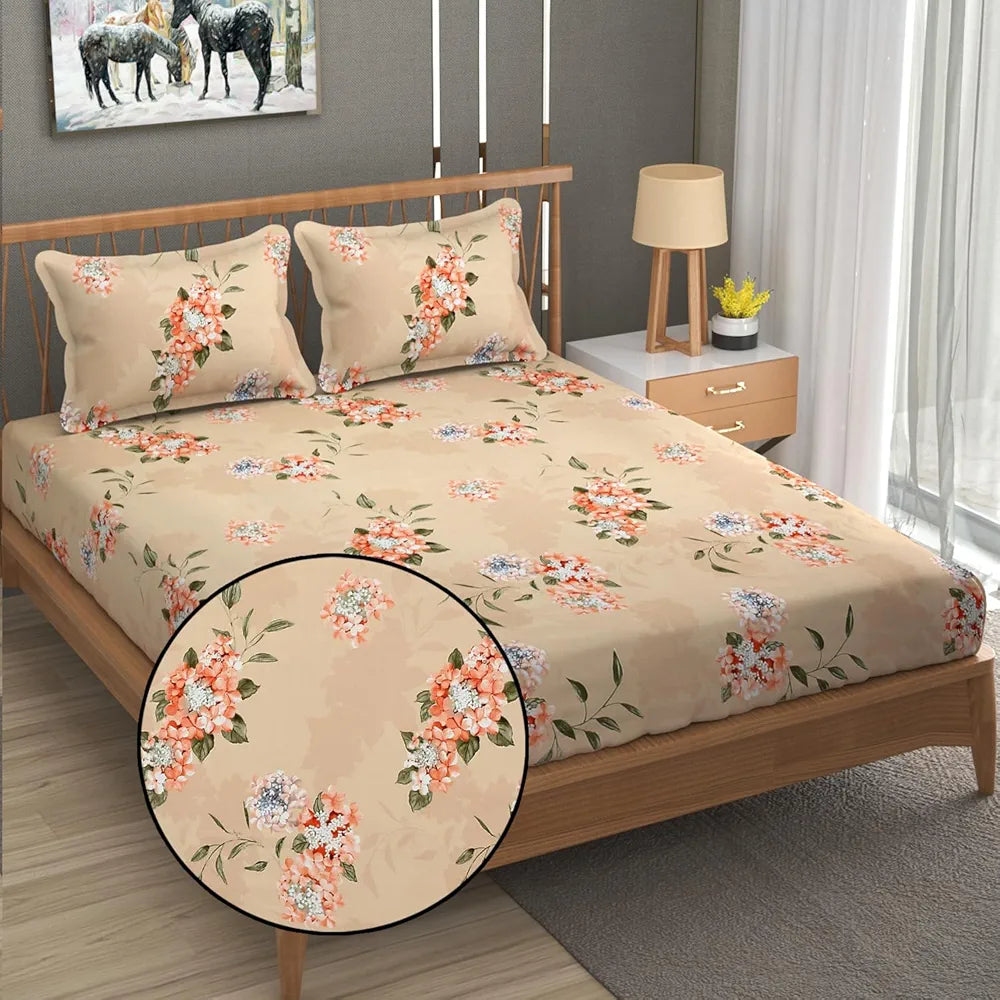 Fresh From Loom Fitted King Size Bedsheet with 2 Pillow Covers Microfiber 240 TC Beige Floral Design