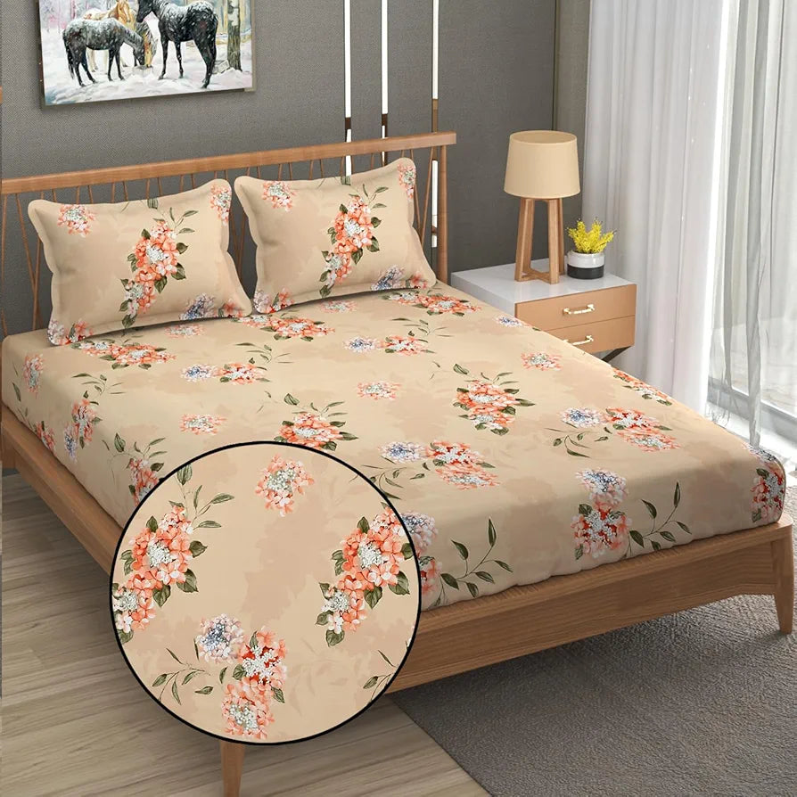 Fresh From Loom Floral Print King Size Bedsheet with 2 Pillow Covers Microfiber 240 TC Beige-Floral