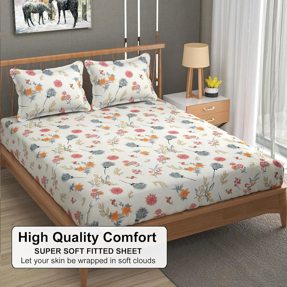 Fresh From Loom Floral Print 240 TC Microfiber King Size Fitted Bedsheet Set with 2 Pillow Covers Pastel Cream