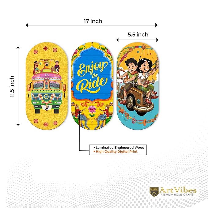 Artvibes Enjoy the Ride Travel Quote Wooden Wall Hanger for Home | Artworks | Set of 3