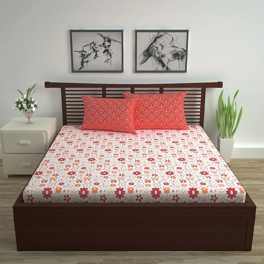 Divine Casa Double Size Bedsheet for Double Bed 144 TC Pure Cotton Queen Size with 2 Pillow Covers Floral Colour Rust White
