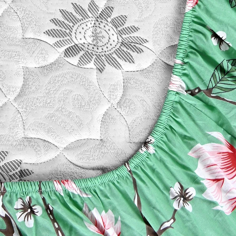 Divine Casa Floret 100% Cotton Double Fitted Bedsheet 144 TC Colour Blossom Haven Mint