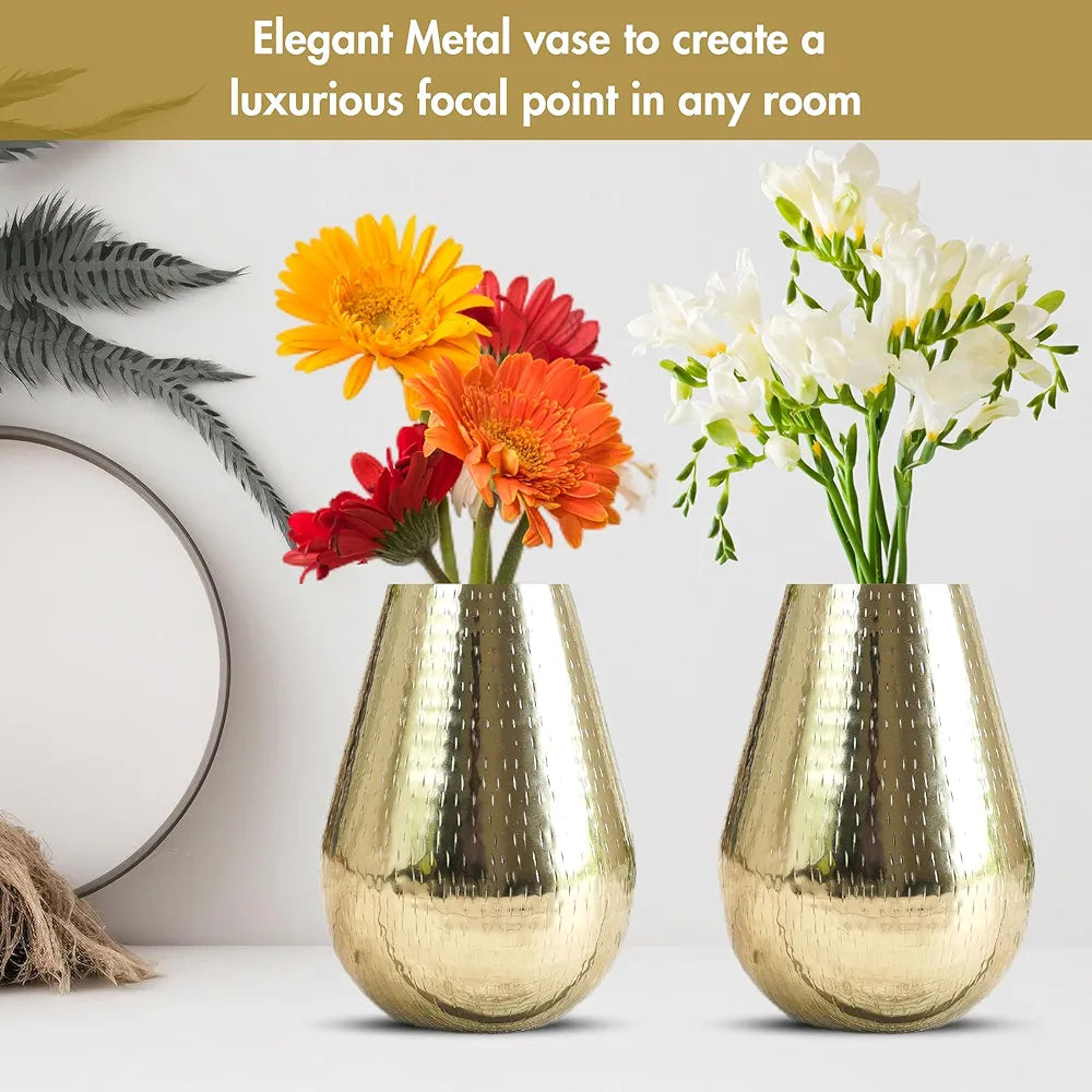 Behoma Drop Shape Metal Hammered Flower Vase Golden 2 Pcs Flowers not Included
