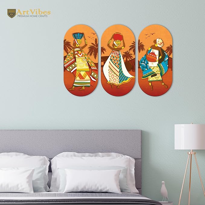 Artvibes African Women Dancing Wooden Wall Hanger for Home | Set of 3