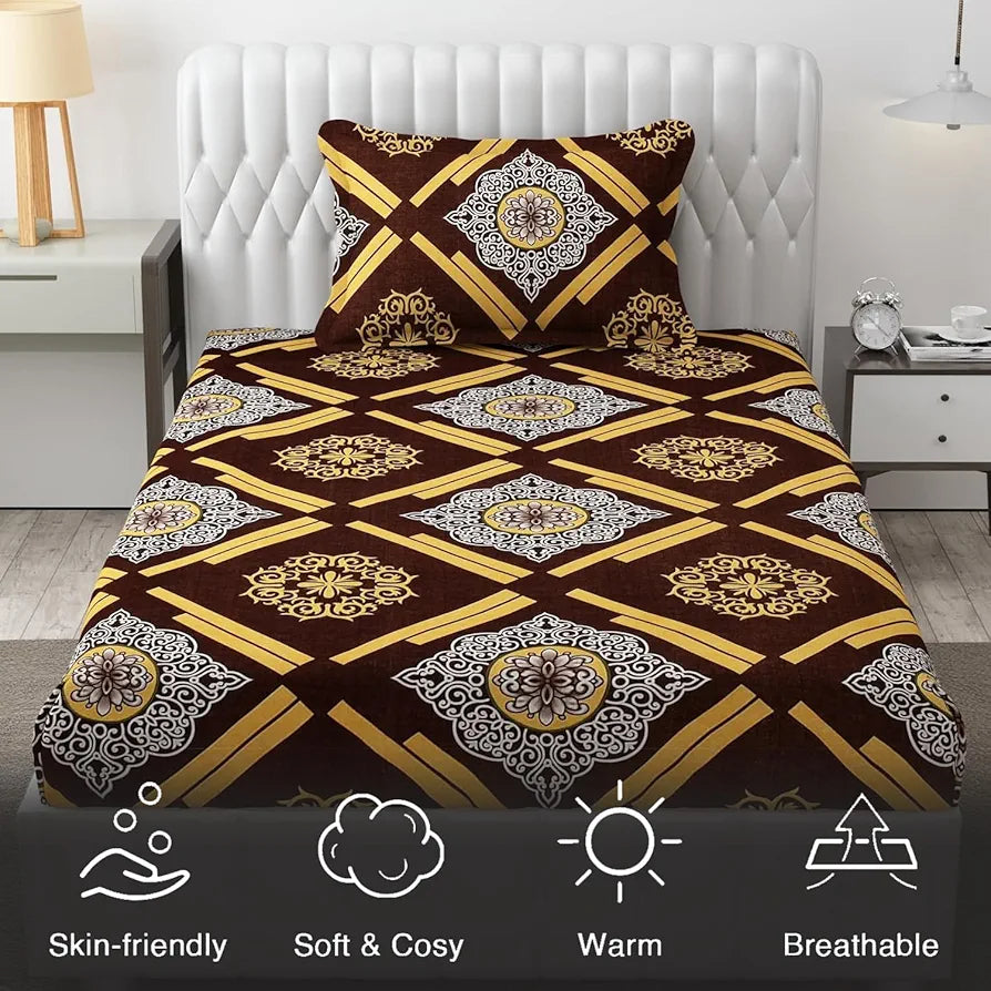 Fresh From Loom Single Bedsheet for Single Bed Floral Design Bed Spread with 1 Pillow Covers 144 TC Dark Brown