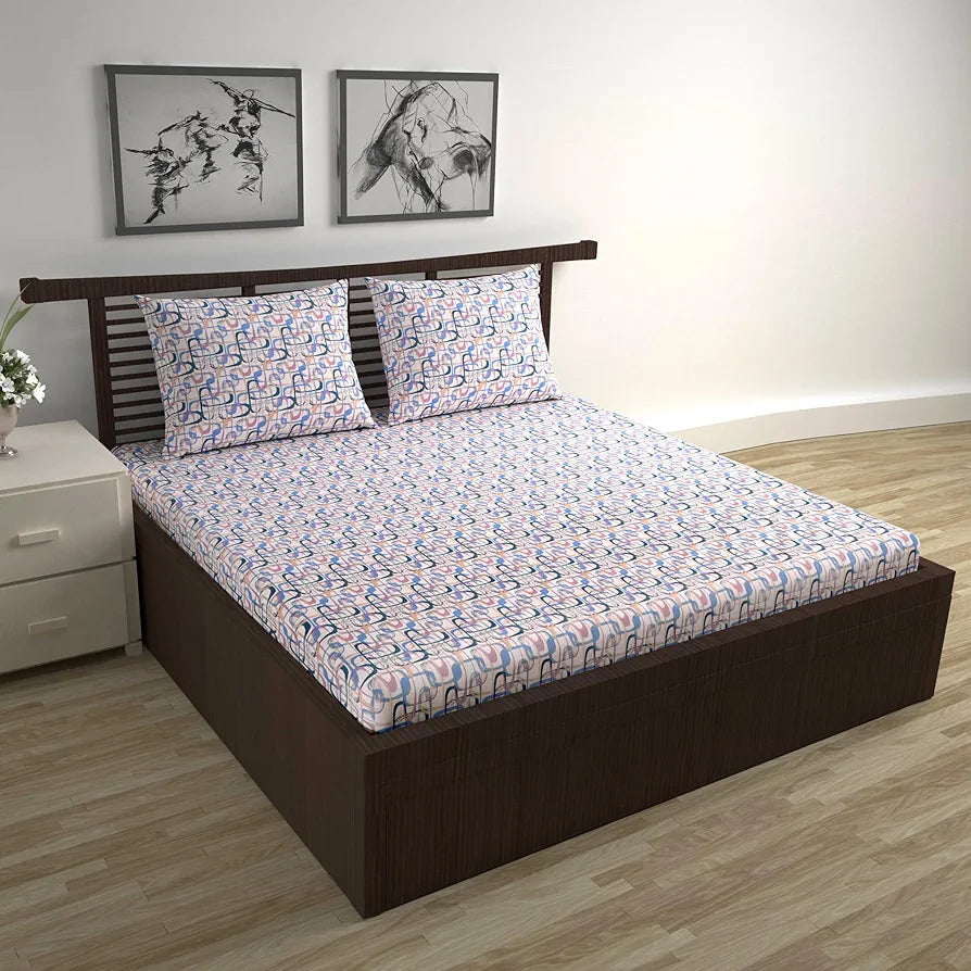 Divine Casa 144 TC Pure Cotton Double Bed Bedsheet with 2 Pillow Covers Abstract Weave Colour Peach Blue