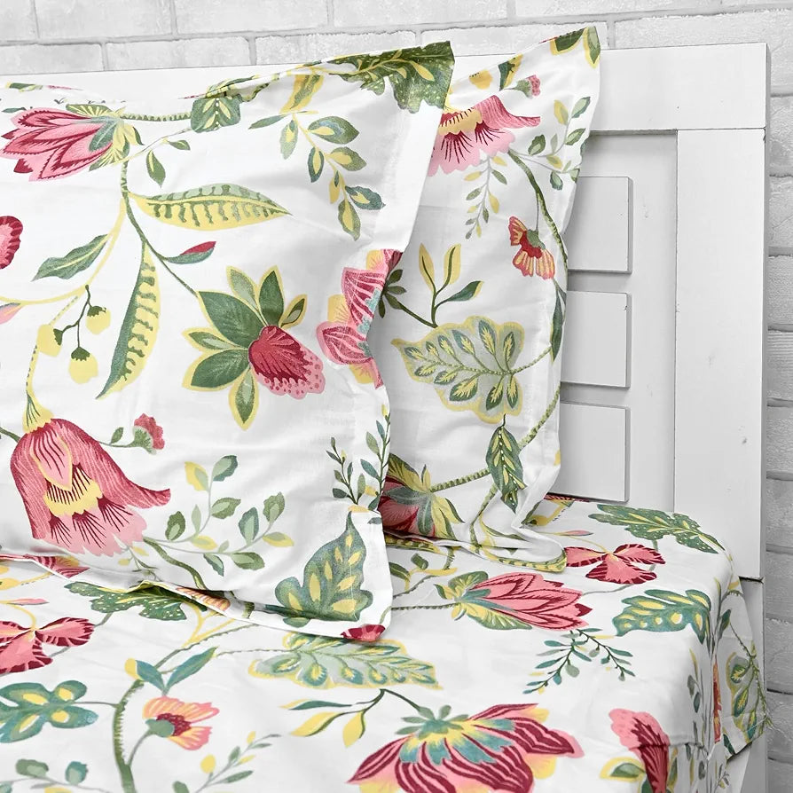 Divine Casa 144 TC 100% Cotton Bedsheet for Double Bed with Pillow Covers Colour Magenta Green